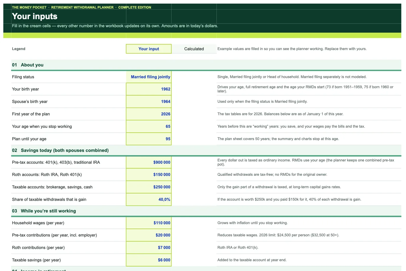 Inputs sheet with cream input cells and plain-English notes